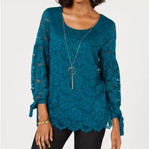 JM Collection Teal Lace Blouse with Built In Cami